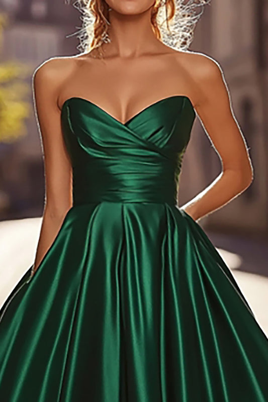 A Line Ruched Dark Green Sweetheart Satin Prom Dress