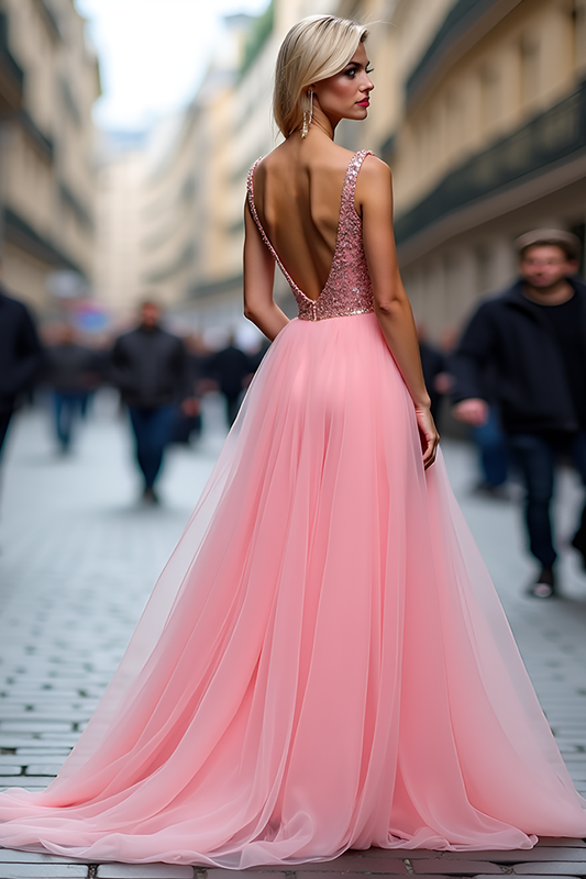 A Line Long Tulle Sparkly Pink V-Neck Prom Dress with Sequins