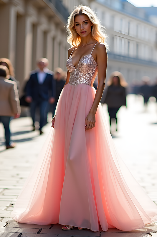 A Line Tulle Sparkly Pink Long Prom Dress with Sequins