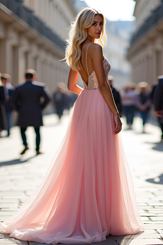 A Line Tulle Sparkly Pink Long Prom Dress with Sequins