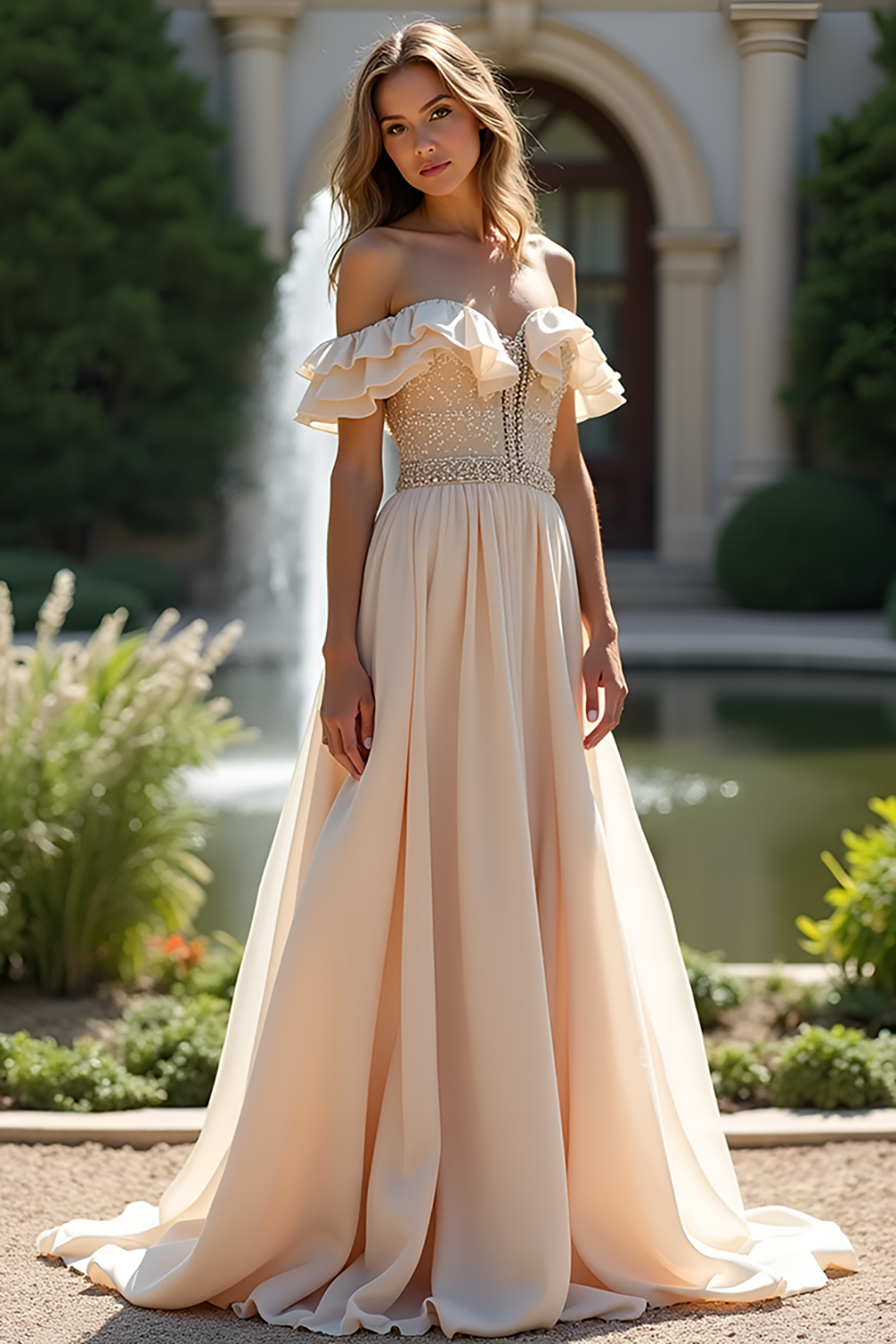 ZAPAKASA Women Sparkly Champagne Off The Shoulder Bridesmaid Dress Long