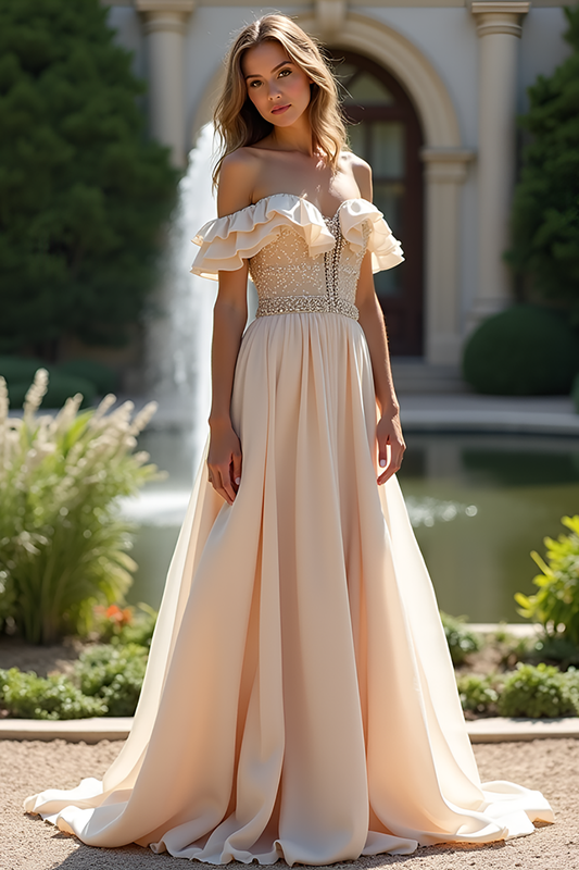Off The Shoulder Sparkly Champagne Long Chiffon Bridesmaid Dress