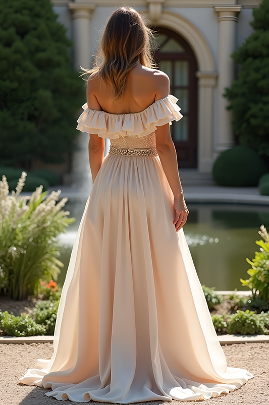 Off The Shoulder Sparkly Champagne Long Chiffon Bridesmaid Dress