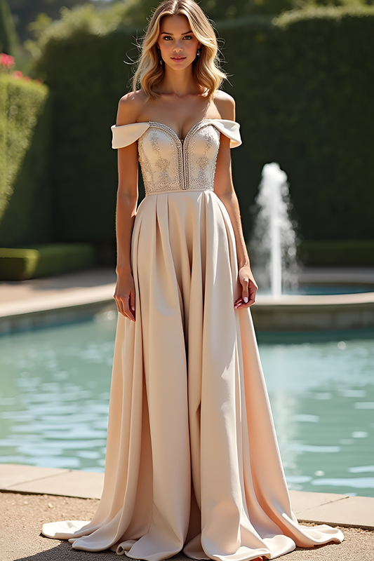 A Line Long Satin Champagne Bridesmaid Dress