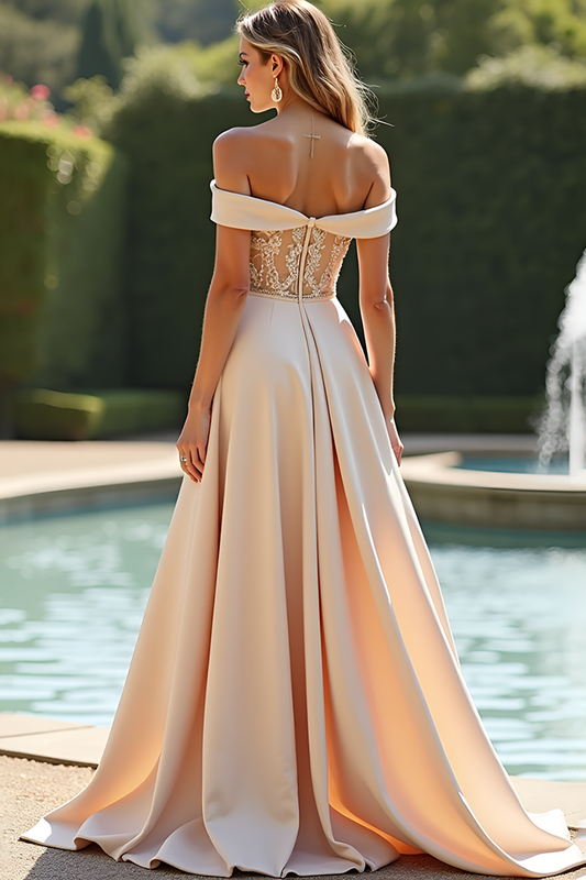 A Line Long Satin Champagne Bridesmaid Dress