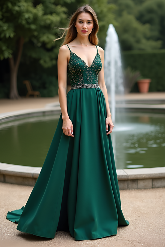 V-Neck Long Dark Green A Line Bridesmaid Dress with Beading