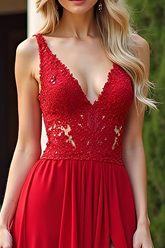 Long Chiffon Red A Line V Neck Bridesmaid Dress with Lace