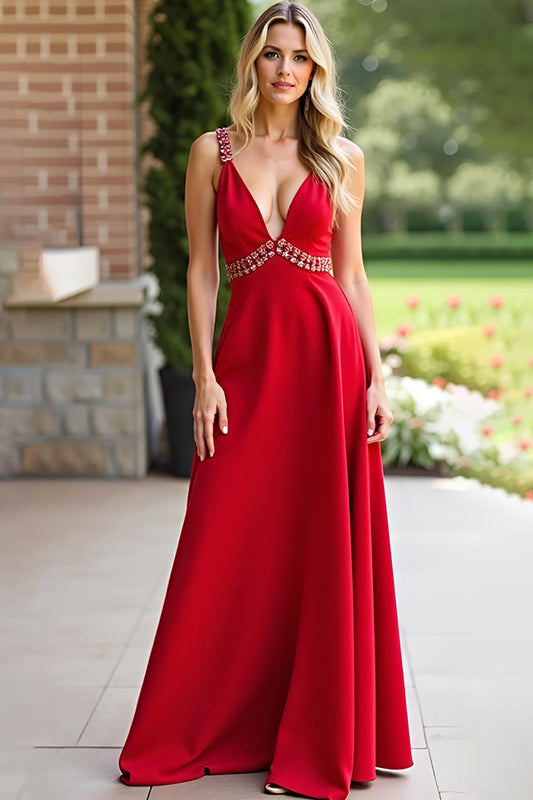 Long Chiffon Red A Line V-Neck Bridesmaid Dress with Beading