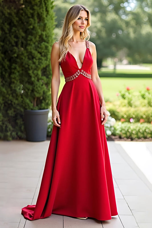 Long Chiffon Red A Line V-Neck Bridesmaid Dress with Beading