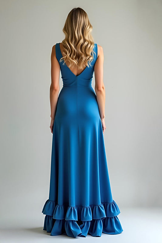 Blue Satin A Line Ruffled Long Bridesmaid Dress
