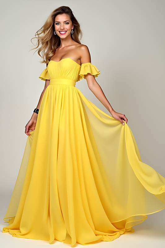 Off the Shoulder Chiffon Yellow A Line Bridesmaid Dress with Ruffles