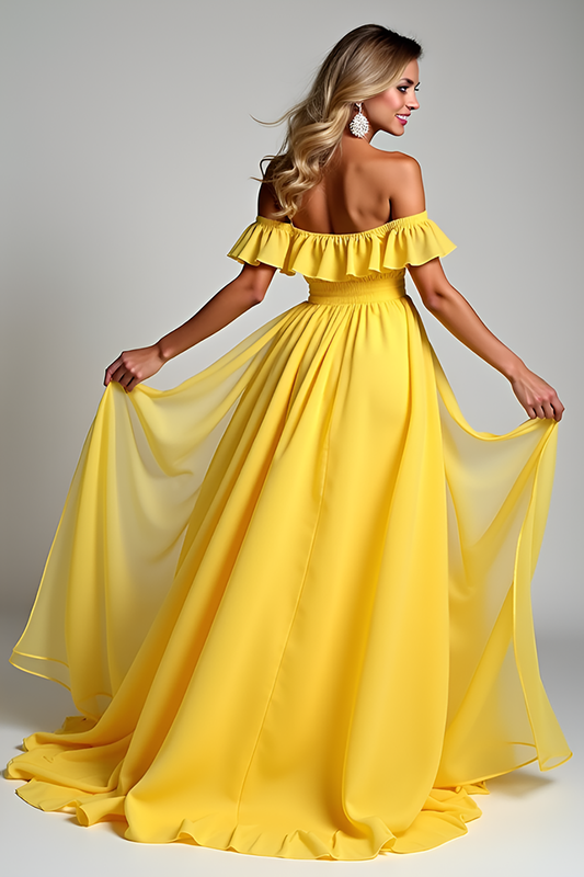 Off the Shoulder Chiffon Yellow A Line Bridesmaid Dress with Ruffles