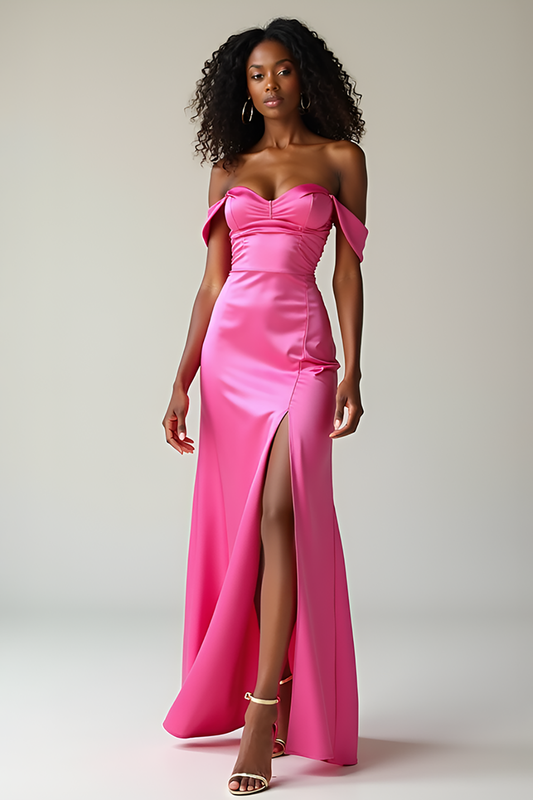 Sheath Fuchsia Off the Shoulder Satin Long Prom Dress with Slit