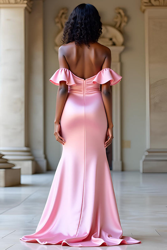 Ruffled Pink Sheath Sweetheart Long Prom Dress with Slit