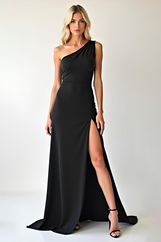 Black One Shoulder Sheath Long Prom Dress with Slit