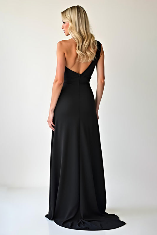 Black One Shoulder Sheath Long Prom Dress with Slit