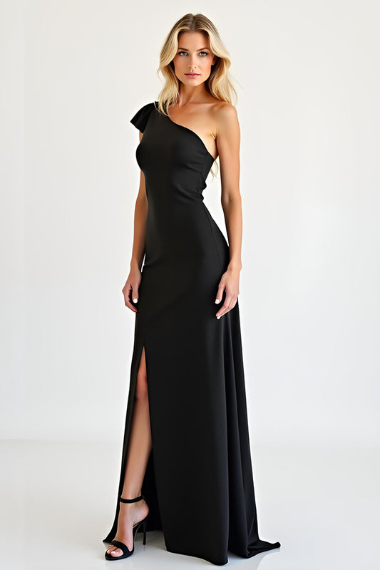 One Shoulder Black Sheath Long Prom Dress with Slit