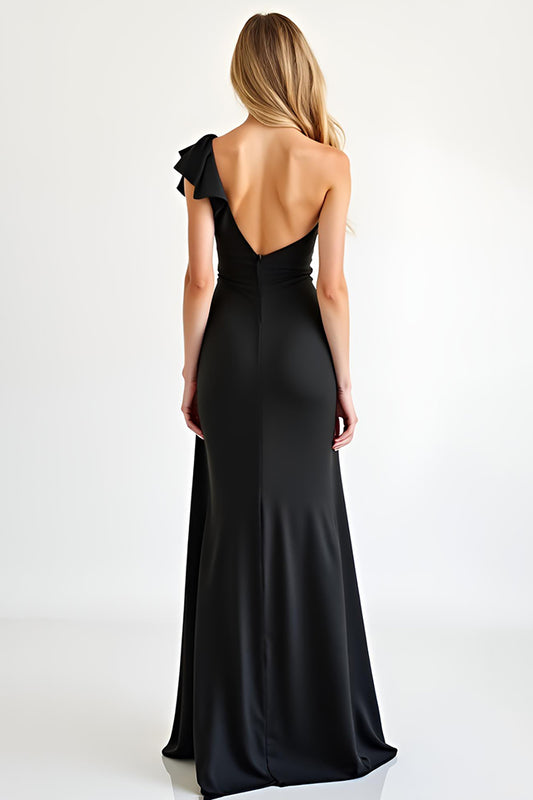 One Shoulder Black Sheath Long Prom Dress with Slit