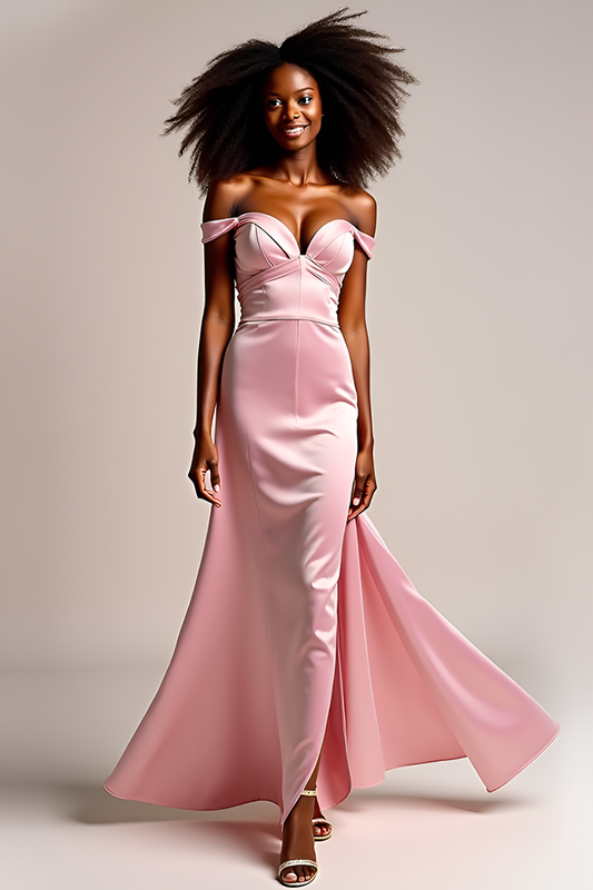 Sheath Pink Satin Off the Shoulder Long Prom Dress