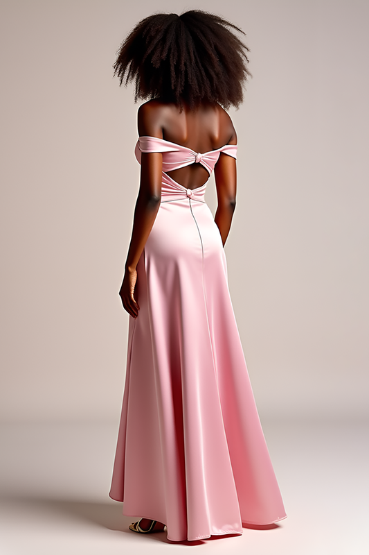 Sheath Pink Satin Off the Shoulder Long Prom Dress