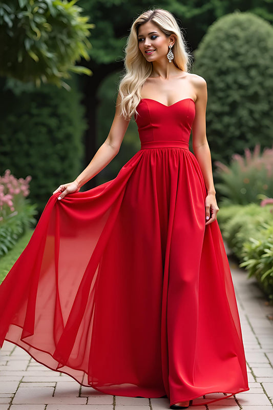 Strapless Red A Line Ruched Long Prom Dress