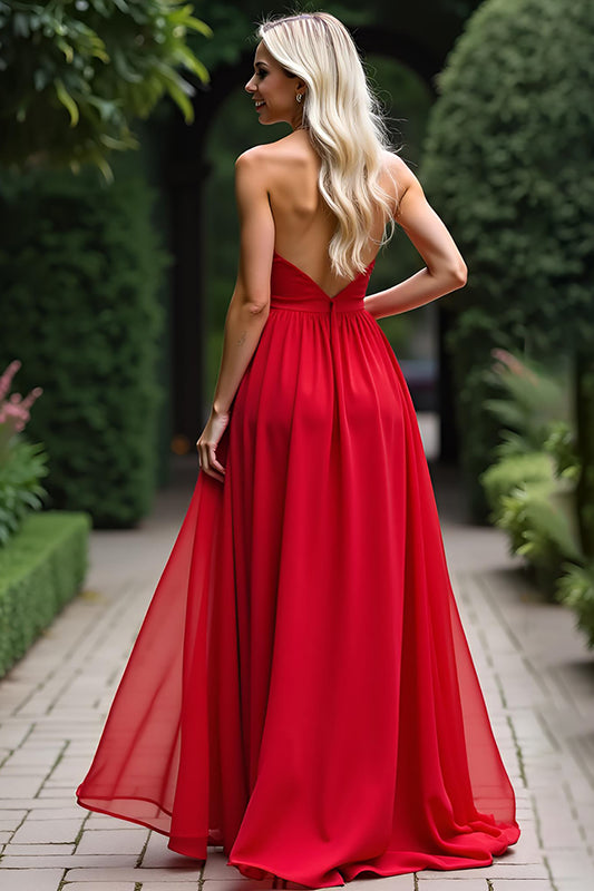 Strapless Red A Line Ruched Long Prom Dress