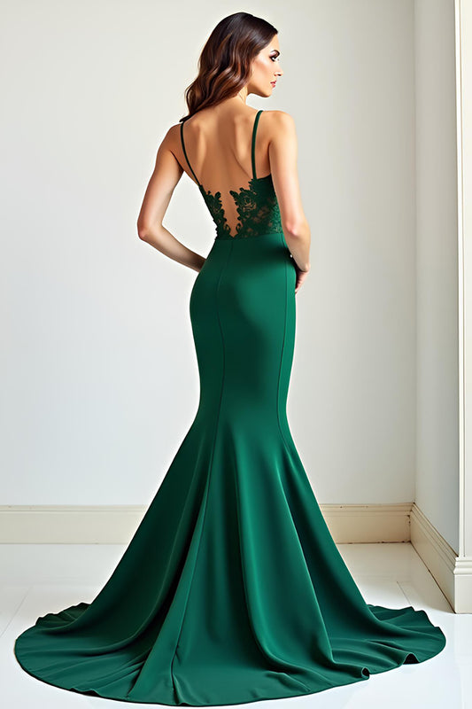Dark Green Spaghetti Straps Long Prom Dress with Lace Appliques
