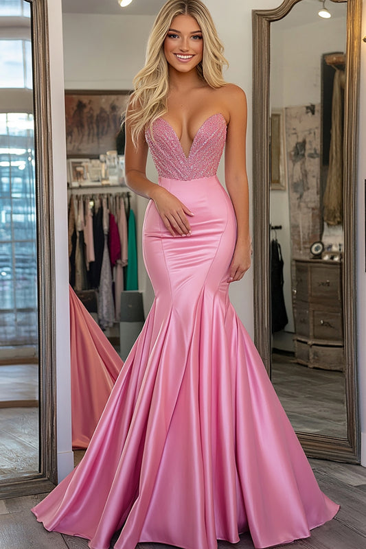 Beaded Pink Satin Deep V-Neck Long Prom Dress