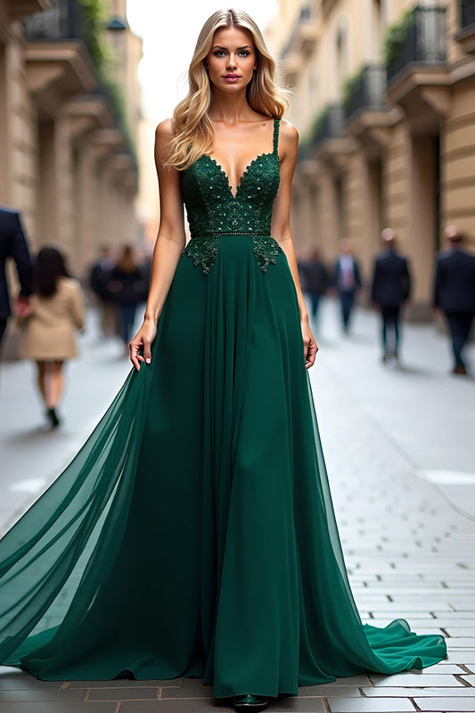 Spaghetti Straps Dark Green A Line Long Prom Dress with Lace Appliques