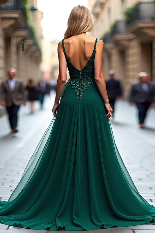 Spaghetti Straps Dark Green A Line Long Prom Dress with Lace Appliques