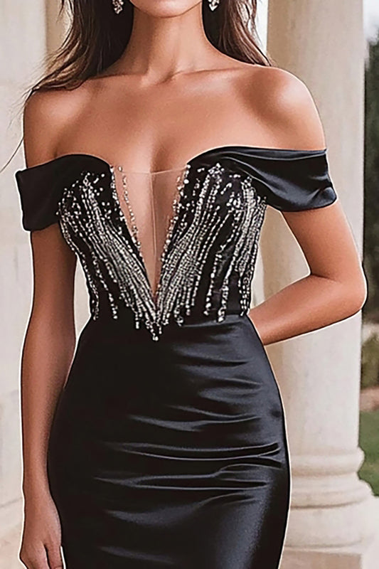 Sparkly Black Off the Shoulder Satin Long Prom Dress with Slit