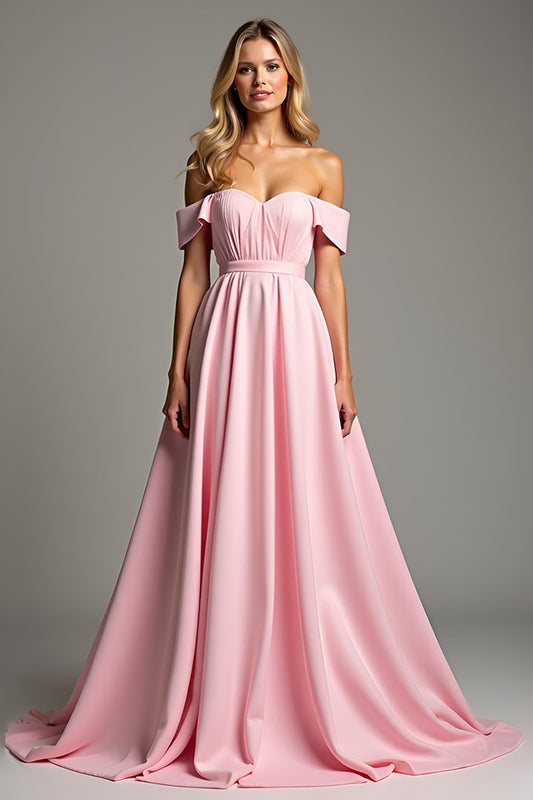 A Line Pink Off the Shoulder Ruched Long Bridesmaid Dress