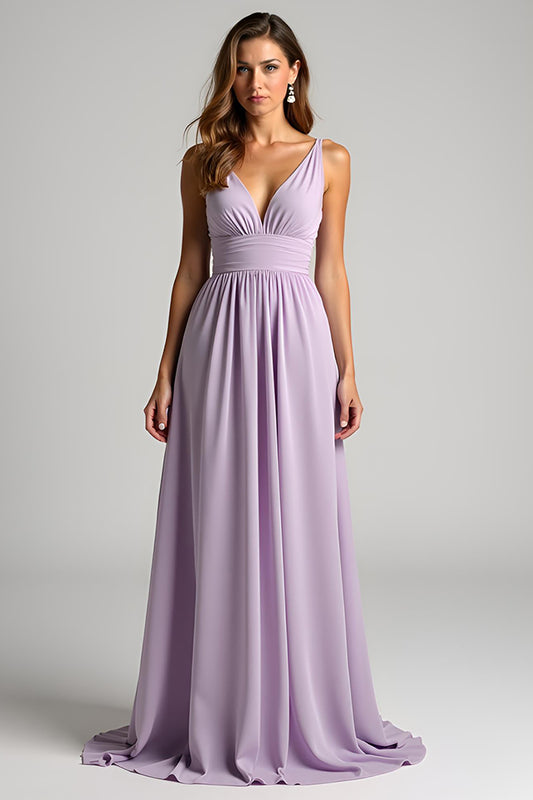 A Line Lilac Ruched Long Bridesmaid Dress