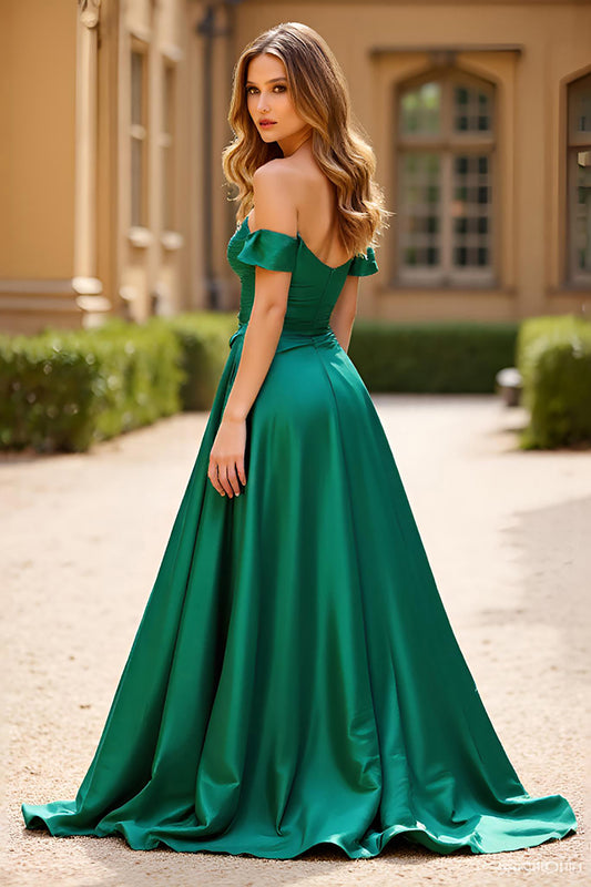 Off the Shoulder Dark Green A Line Long Prom Dress with Slit