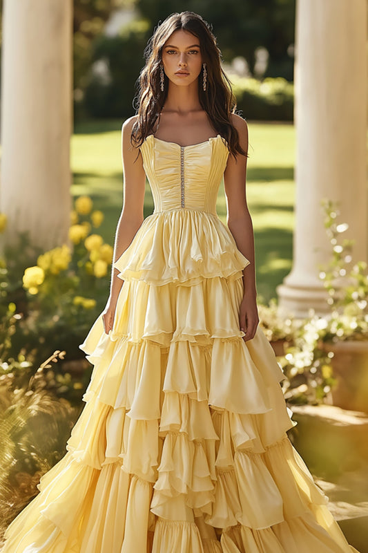 A Line Light Yellow Tiered Strapless Prom Dress Ruched Ruffled Satin Long Evening Dress