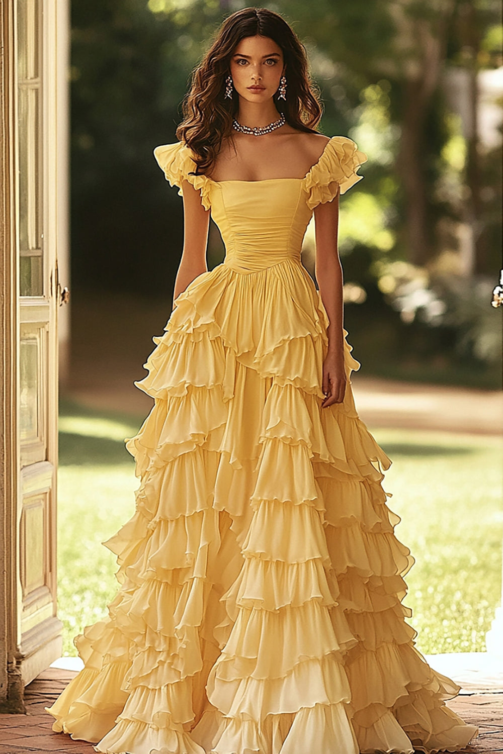 ZAPAKA SA Women Square Neck A Line Light Yellow Tiered Prom Dress with Ruffles Ruched Long Evening Dress ZAPAKA SA Women Square Neck A Line Light Yellow Tiered Prom Dress with Ruffles Ruched Long Evening Dress