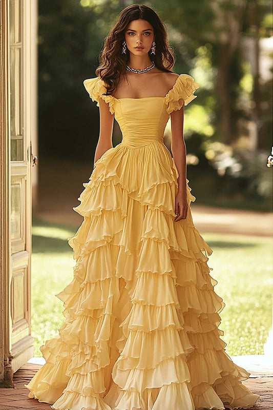 Square Neck A Line Light Yellow Tiered Prom Dress with Ruffles Ruched Long Evening Dress