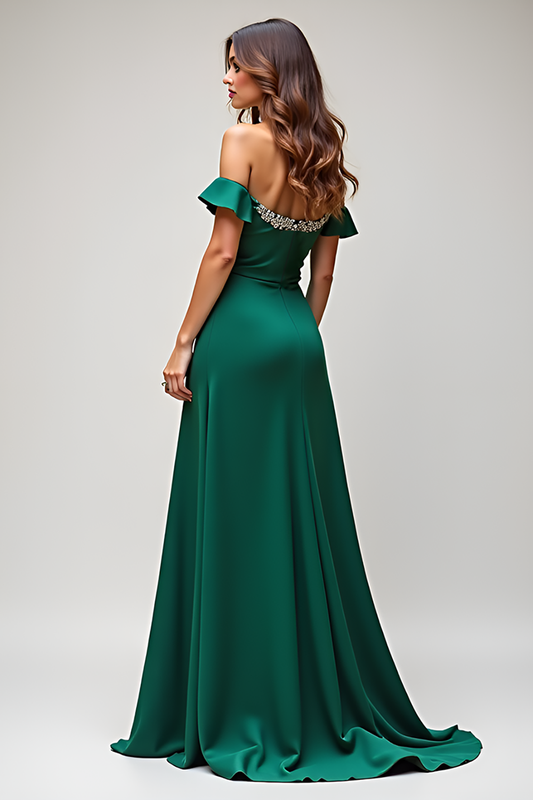 Sheath Dark Green Off the Shoulder Satin Long Prom Dress