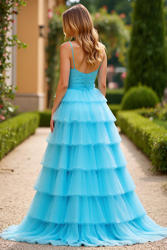 A Line Blue Spaghetti Straps Tiered Long Prom Dress with Slit