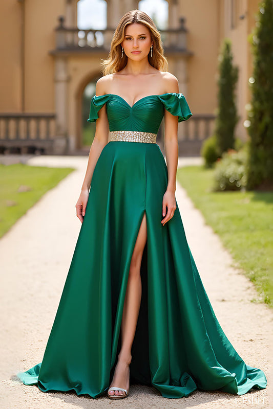 A Line Dark Green Off the Shoulder Long Prom Dress with Slit