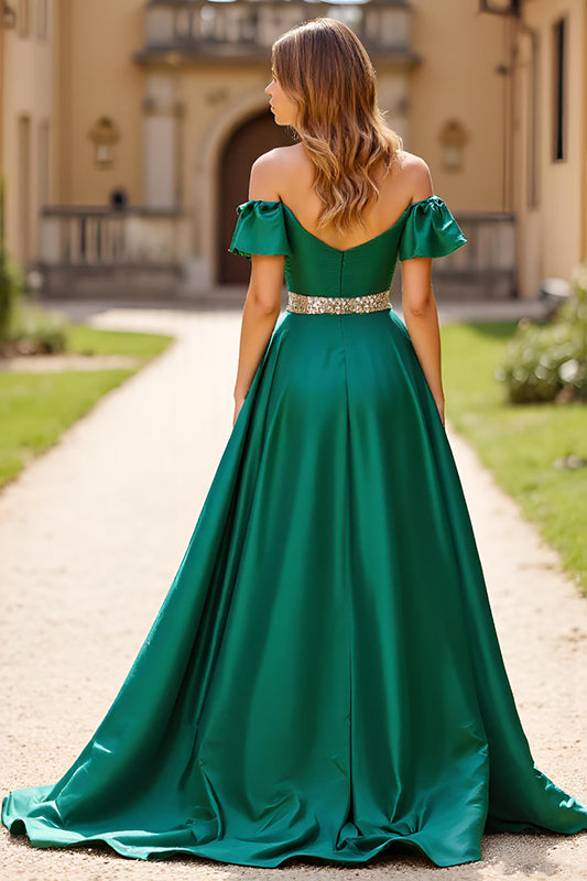 A Line Dark Green Off the Shoulder Long Prom Dress with Slit