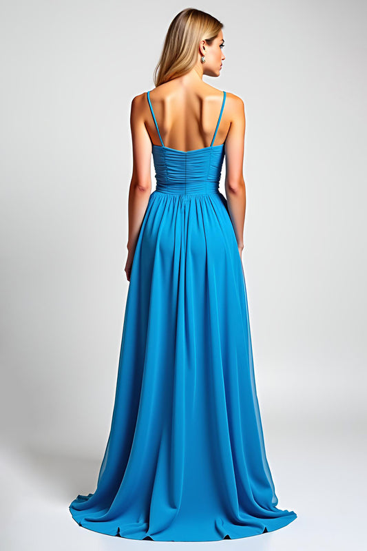 A Line Blue Spaghetti Straps Chiffon Long Bridesmaid Dress