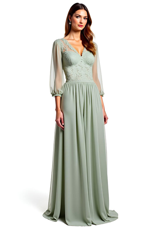 Lace Dusty Sage V-Neck Long Bridesmaid Dress with Half Sleeves