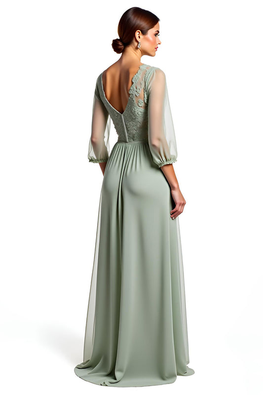 Lace Dusty Sage V-Neck Long Bridesmaid Dress with Half Sleeves