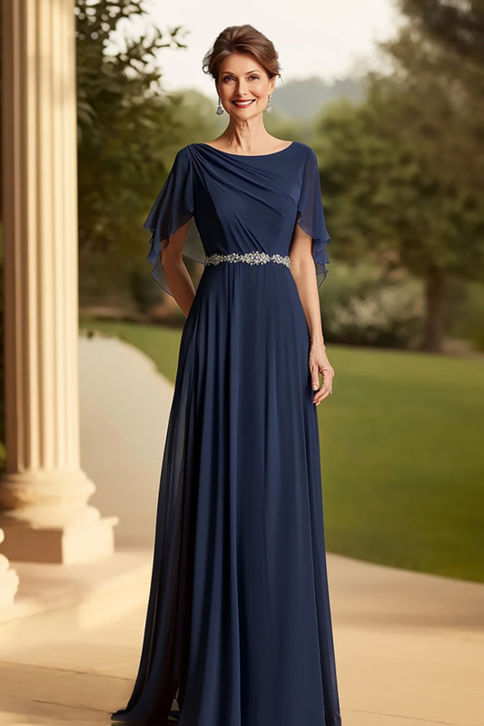 Round Neck Navy Ruched Long Mother of the Bride Dress