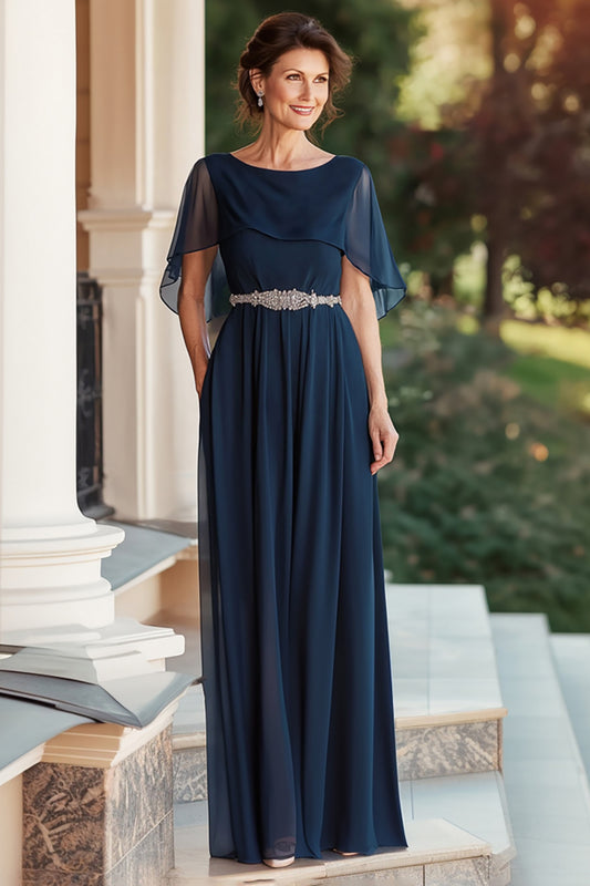 Navy Scoop Chiffon Ruched Long Mother of the Bride Dress