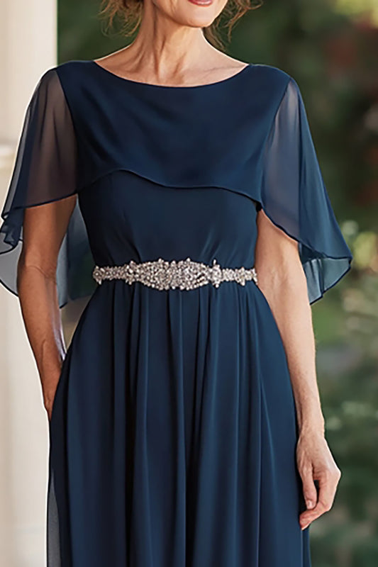 Navy Scoop Chiffon Ruched Long Mother of the Bride Dress