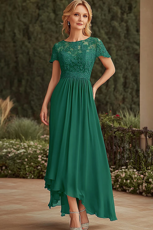 Dark Green A Line Scoop Long Mother of the Bride Dress with Lace Appliques