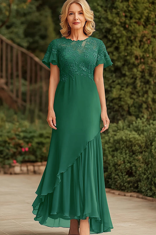 Lace Dark Green Scoop Long Mother of the Bride Dress with Short Sleeves