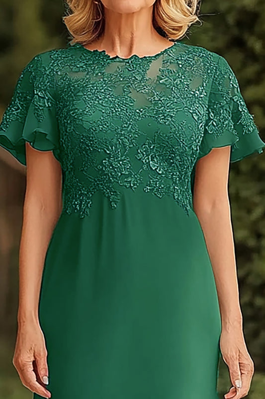 Lace Dark Green Scoop Long Mother of the Bride Dress with Short Sleeves